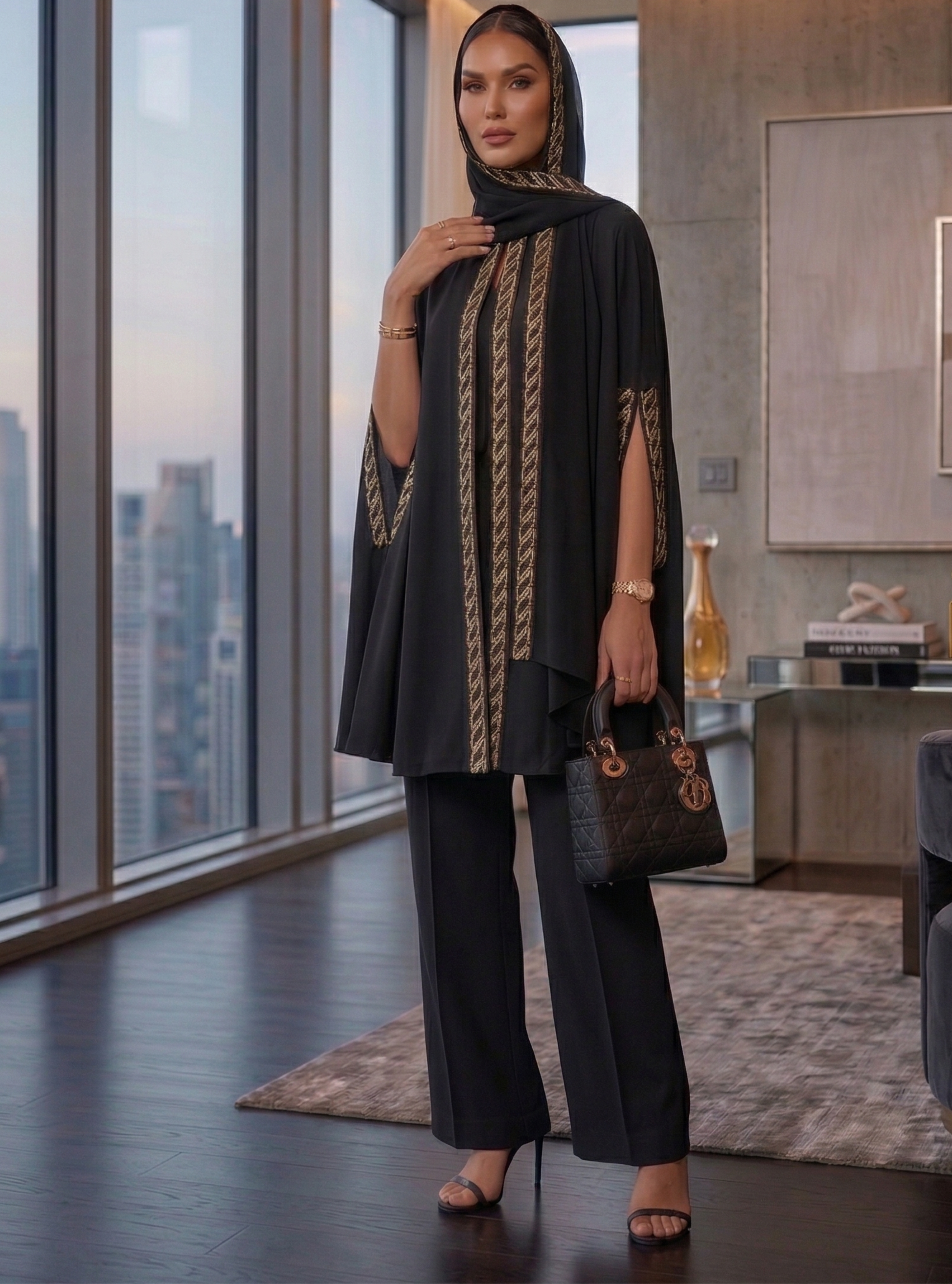 Black Embellished With Embellished Scarf Set - Store WF