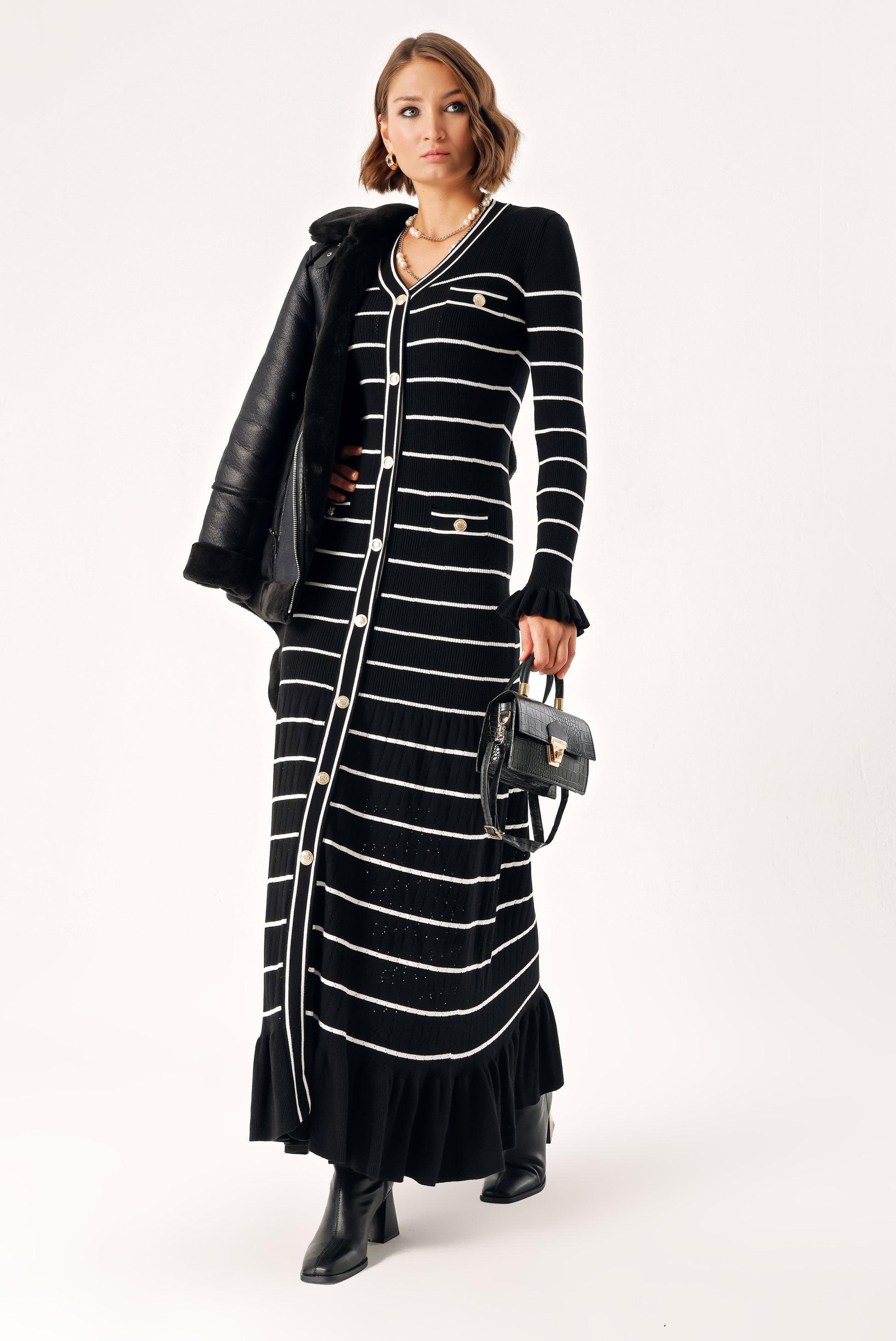 Black White Striped Knitwear Maxi Dress with Gold Button Detail