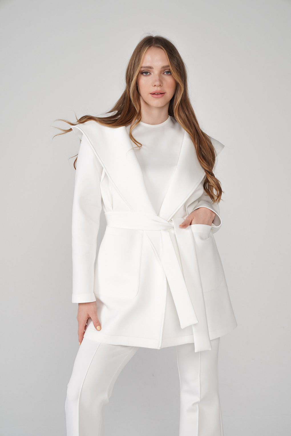 White Scuba Belted Jacket - Store WF
