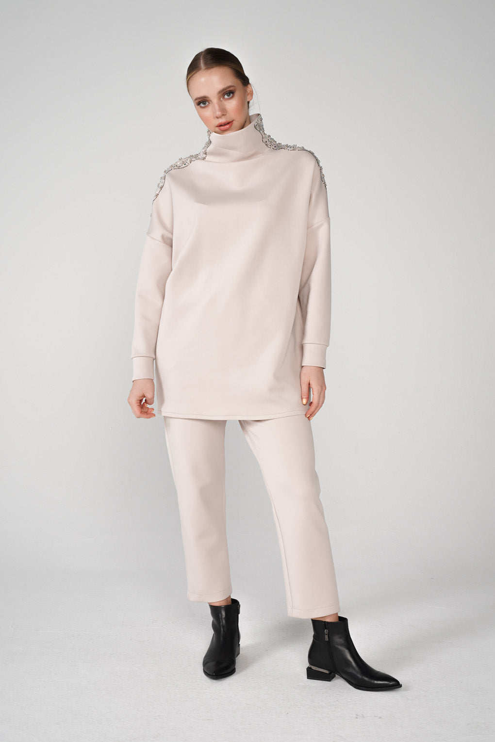 Beige High Neck Scuba Tracksuit Set - Store WF