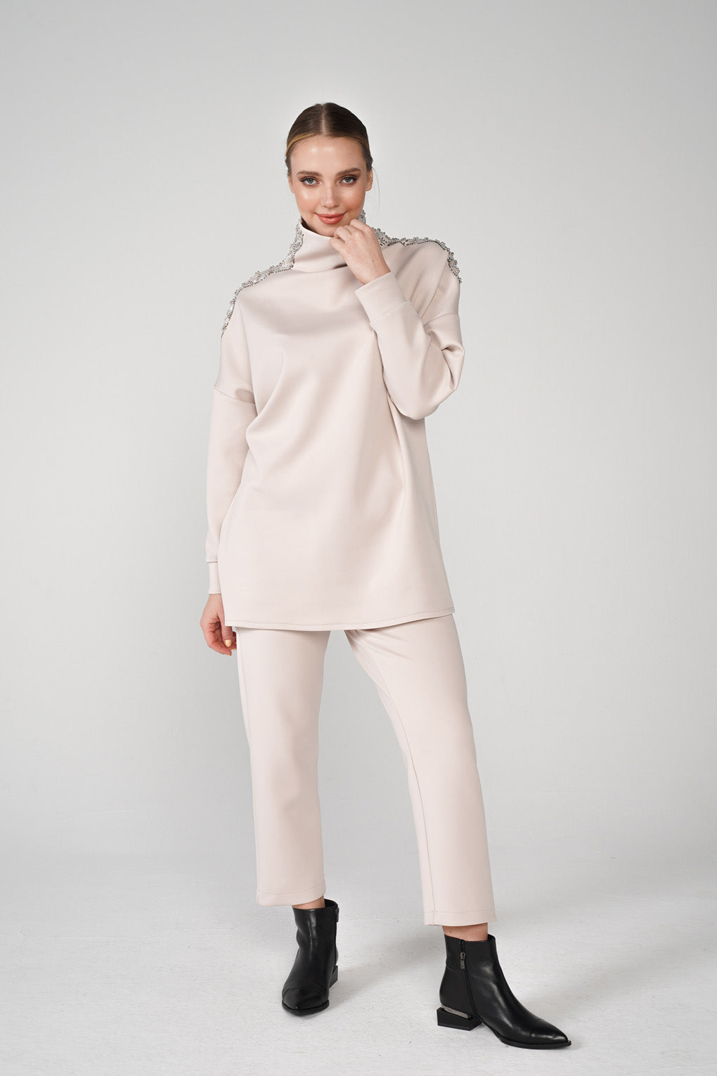 Beige High Neck Scuba Tracksuit Set - Store WF