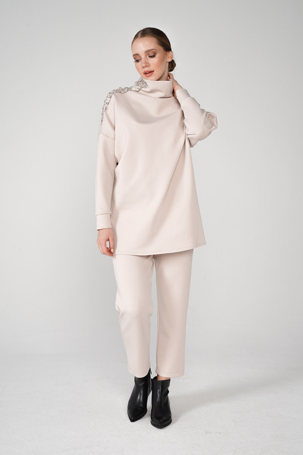 Beige High Neck Scuba Tracksuit Set - Store WF