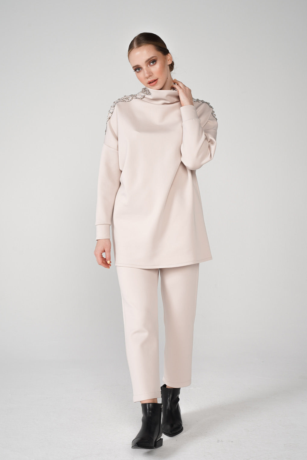 Beige High Neck Scuba Tracksuit Set - Store WF