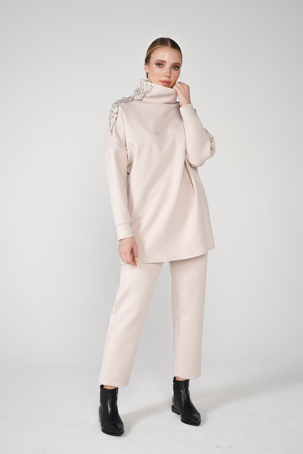 Beige High Neck Scuba Tracksuit Set - Store WF