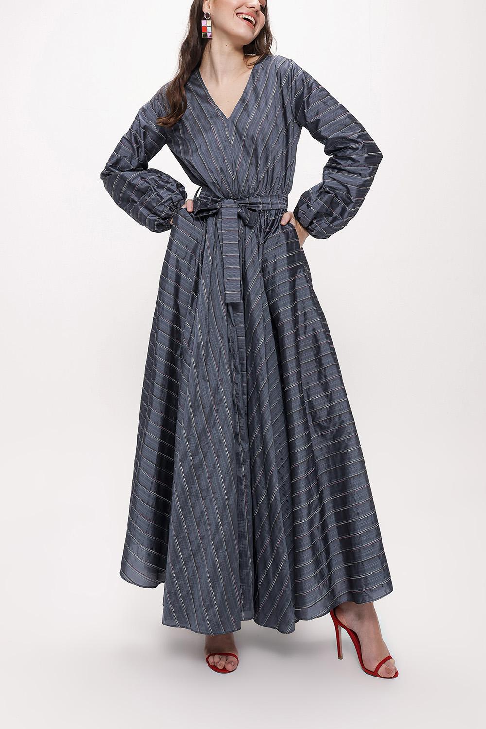 V-Neck Grey Striped Belted Maxi Dress - Store WF