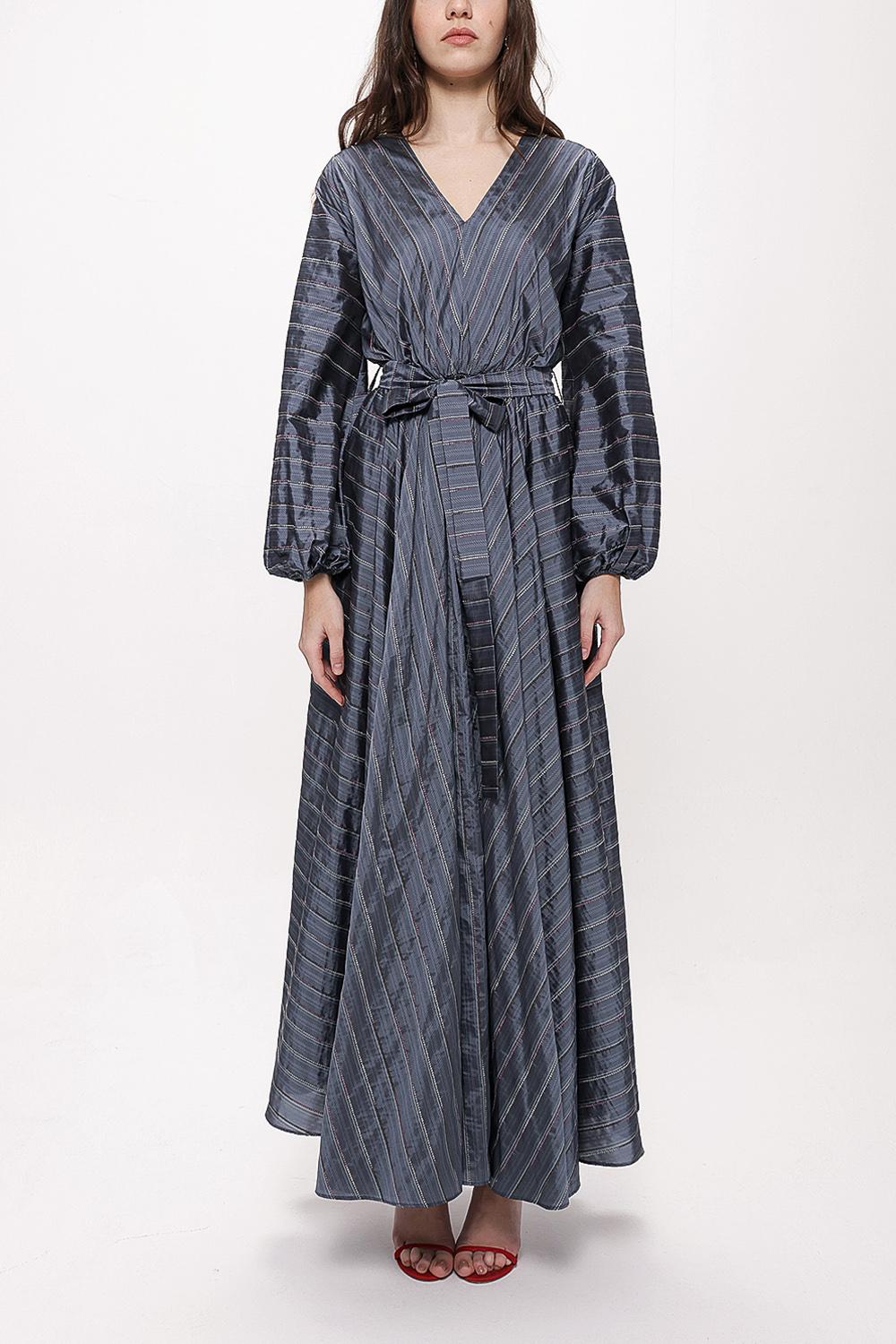 V-Neck Grey Striped Belted Maxi Dress - Store WF