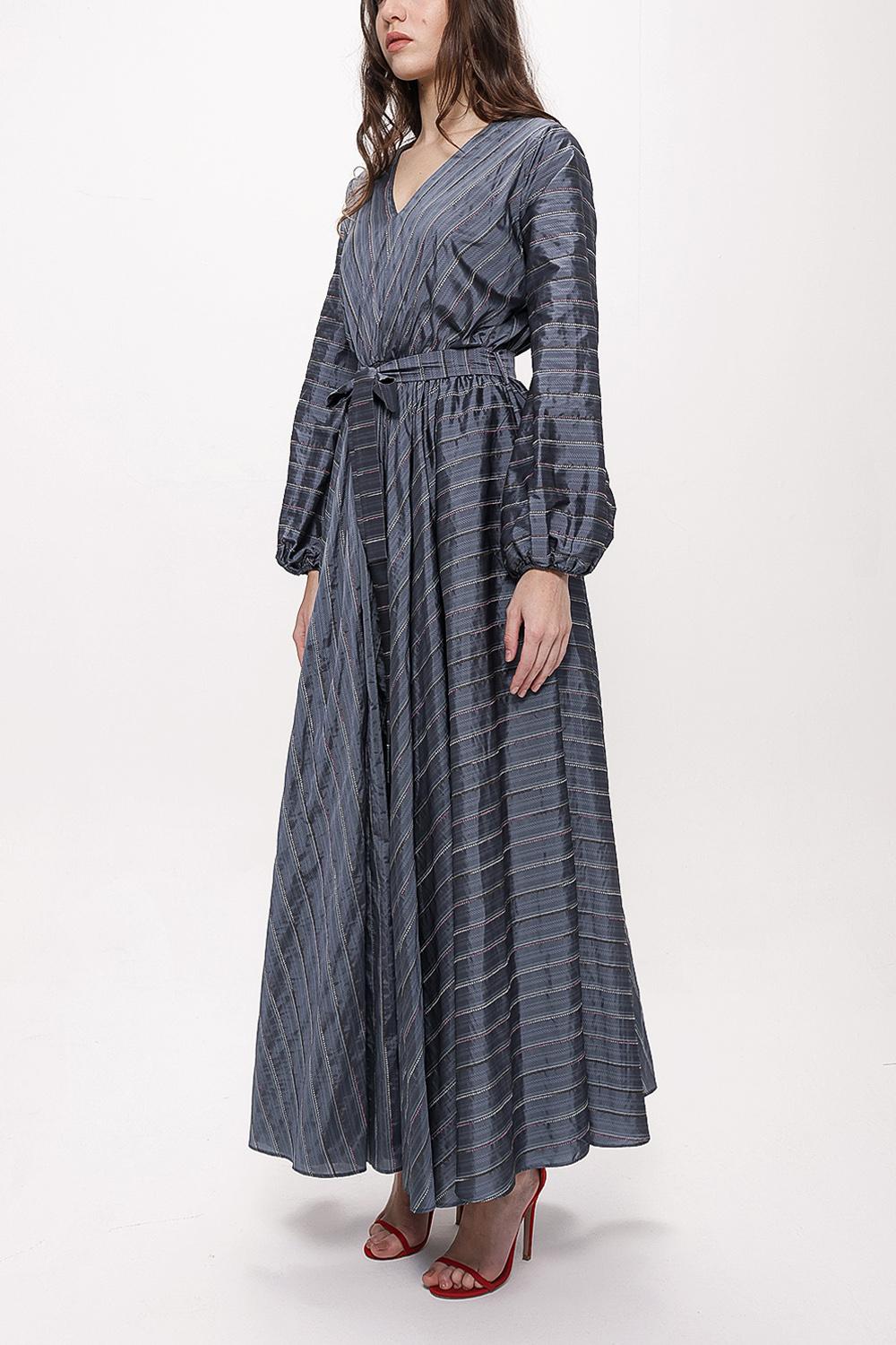 V-Neck Grey Striped Belted Maxi Dress - Store WF