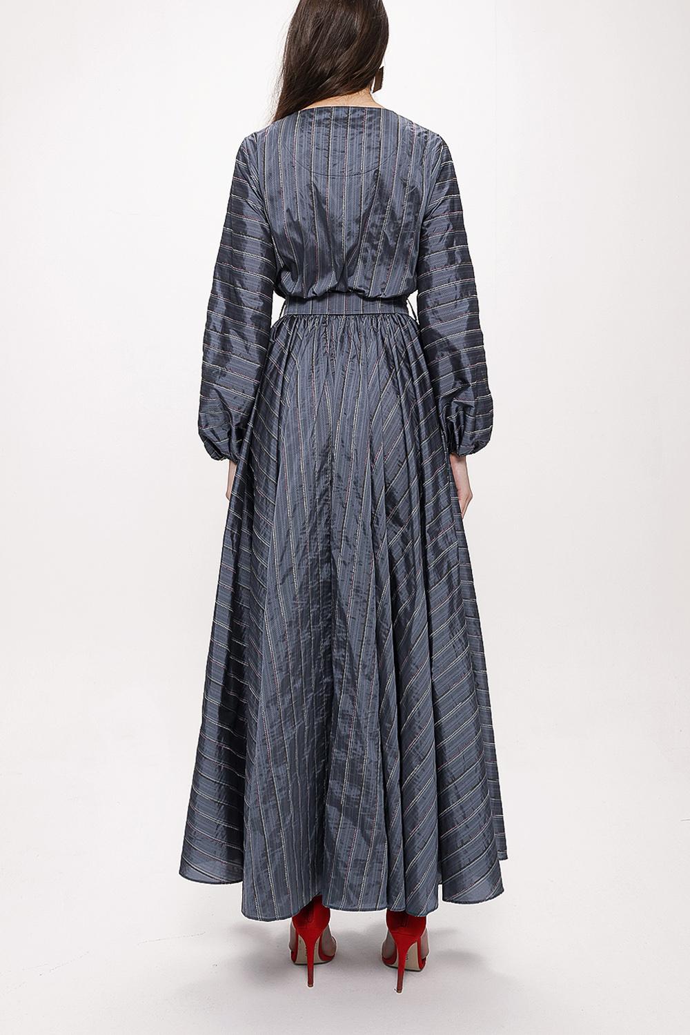 V-Neck Grey Striped Belted Maxi Dress - Store WF