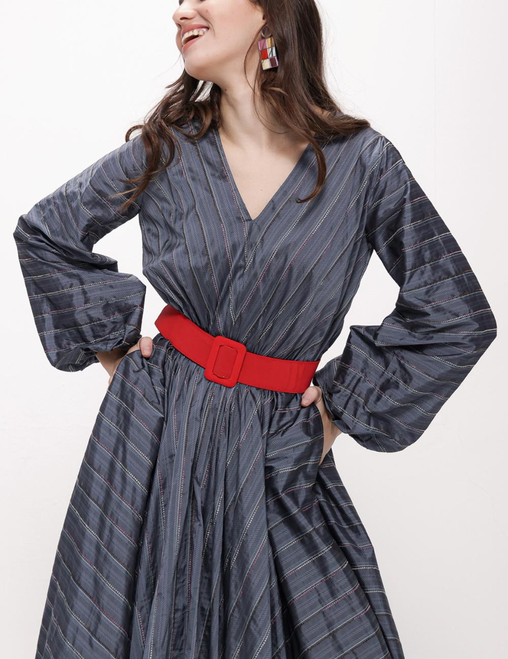 V-Neck Grey Striped Belted Maxi Dress - Store WF