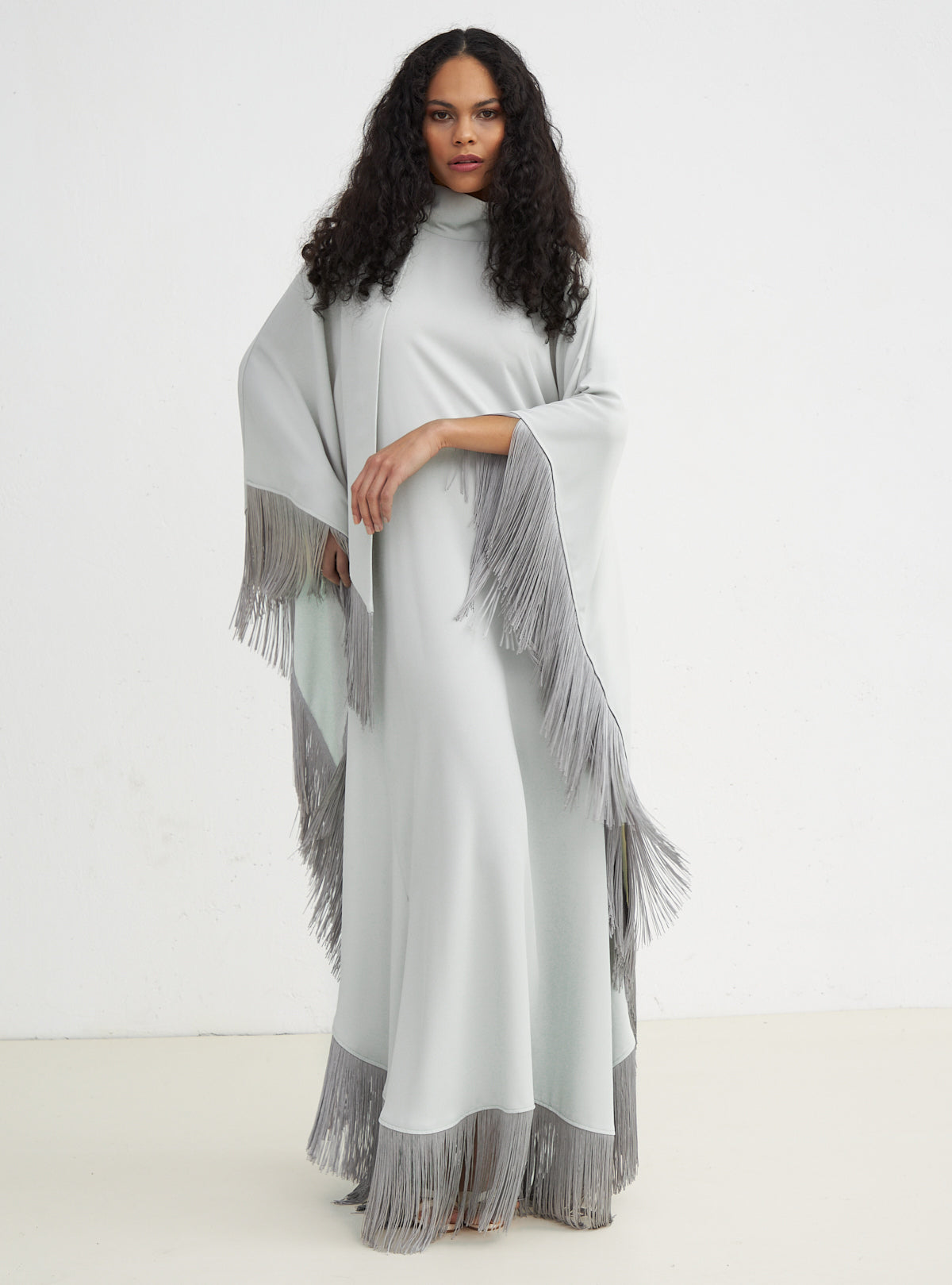 Light Mint Fringed Kaftan Dress With Tie Neck Detailed – Store WF