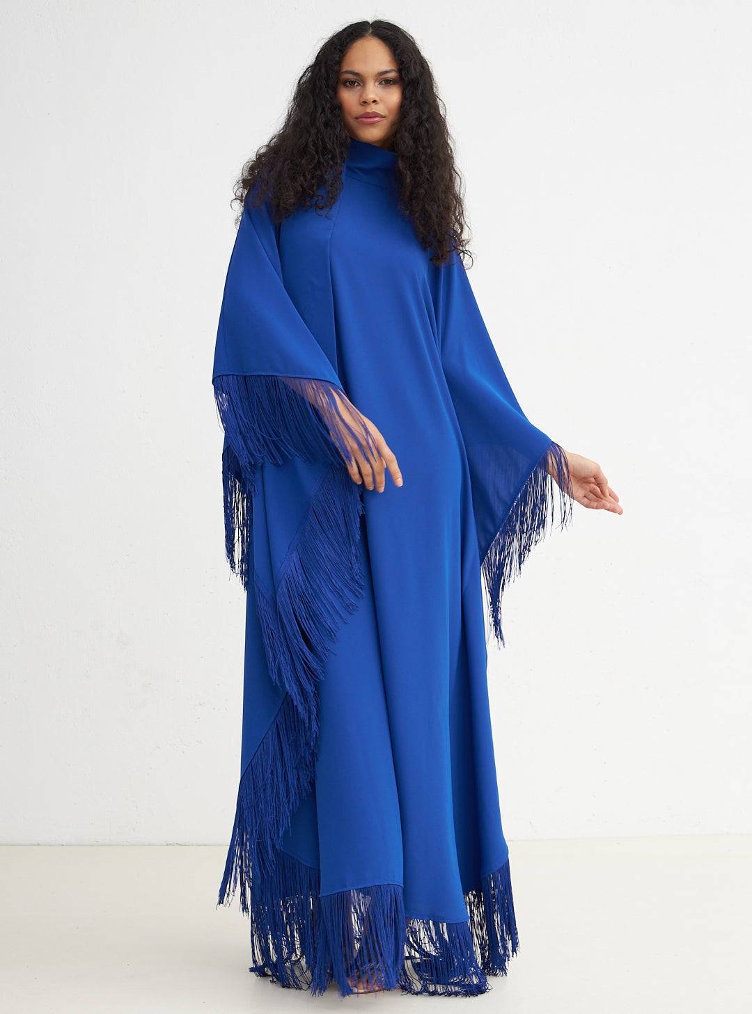 Sax Blue Fringed Kaftan Dress With Tie Neck Detailed