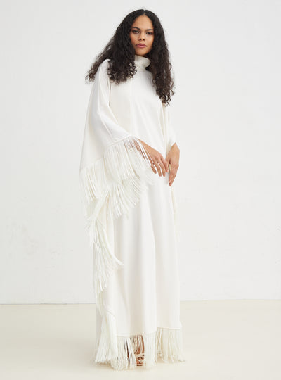 White Fringed Kaftan Dress With Tie Neck Detailed
