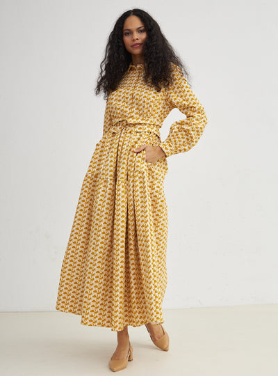 Cotton Yellow Printed Belted Shirt Dress