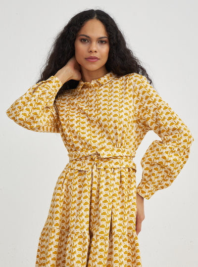 Cotton Yellow Printed Belted Shirt Dress