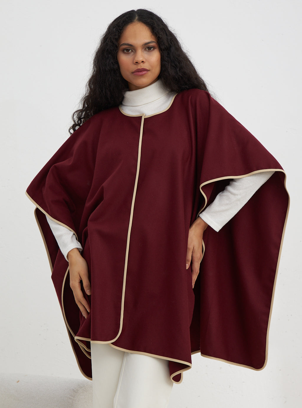 Burgundy Contrast Binding Black Wool Poncho