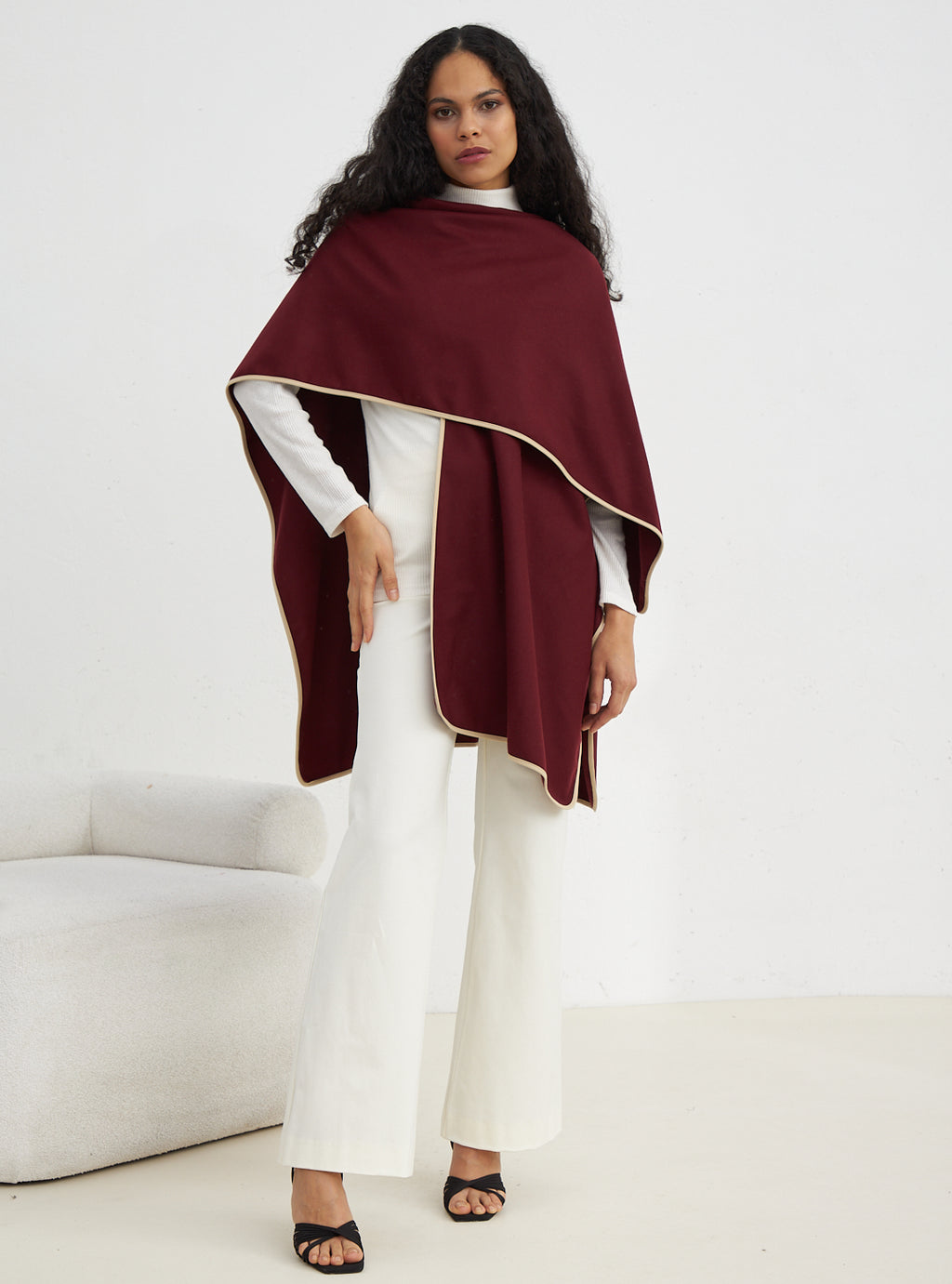 Burgundy Contrast Binding Black Wool Poncho