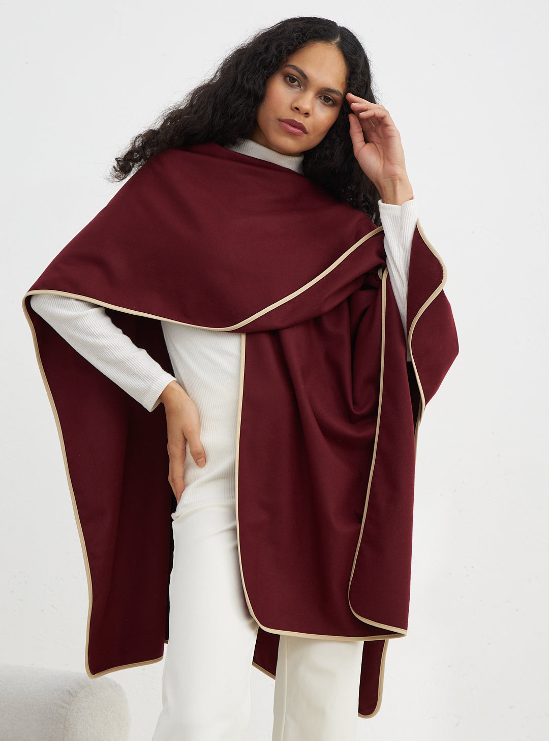 Burgundy Contrast Binding Black Wool Poncho