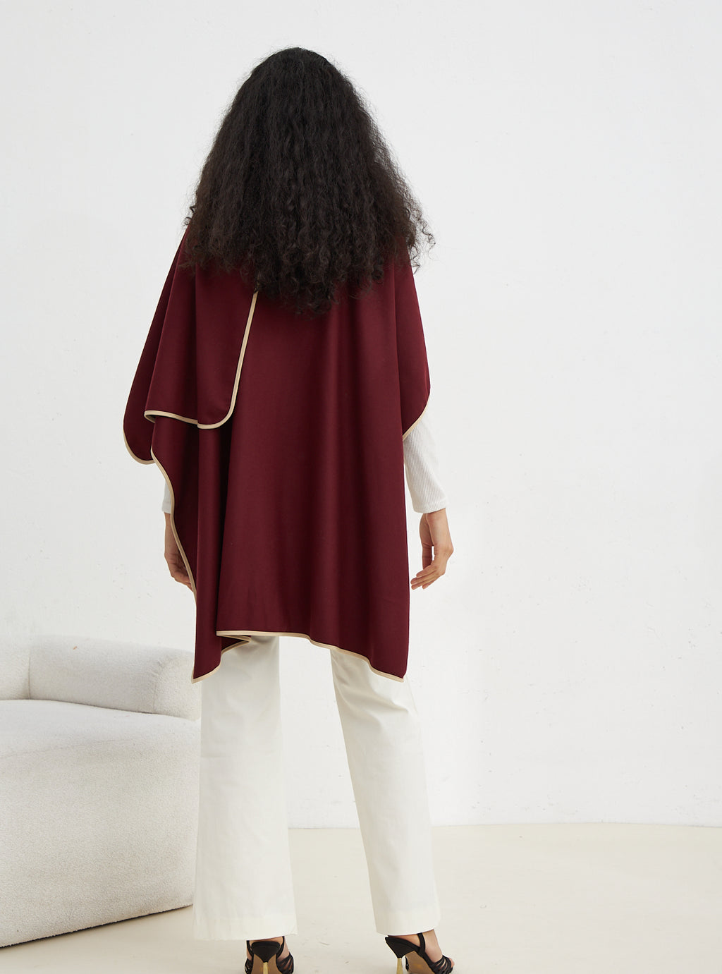 Burgundy Contrast Binding Black Wool Poncho