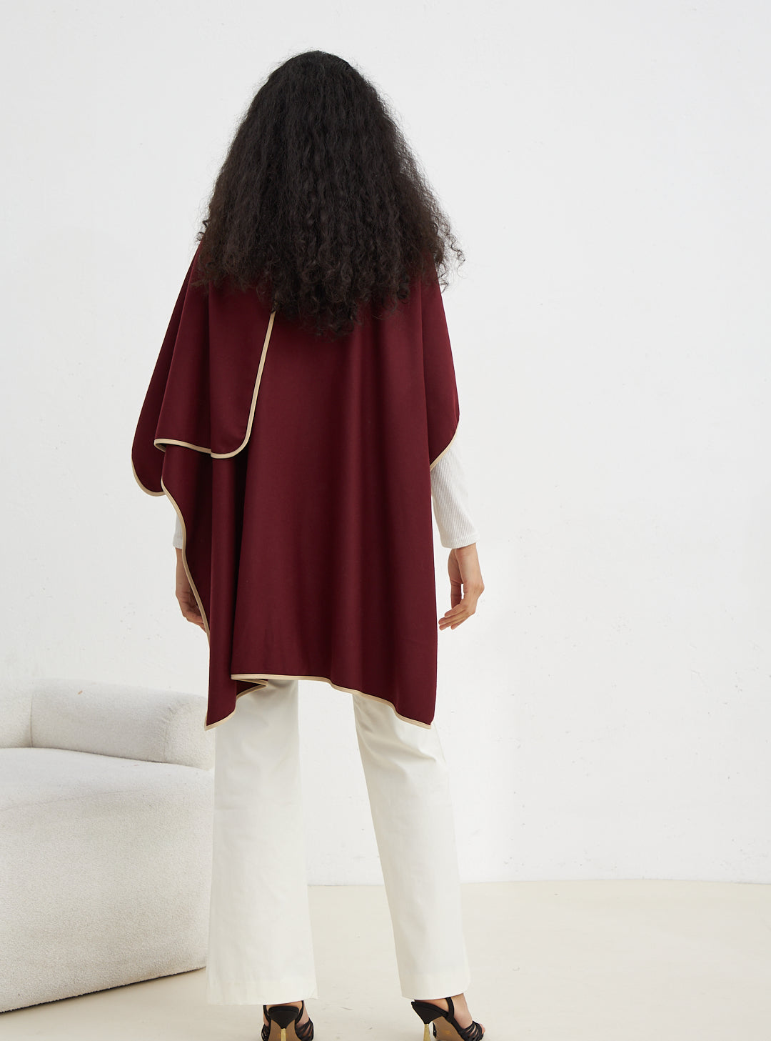 Burgundy Contrast Binding Black Wool Poncho