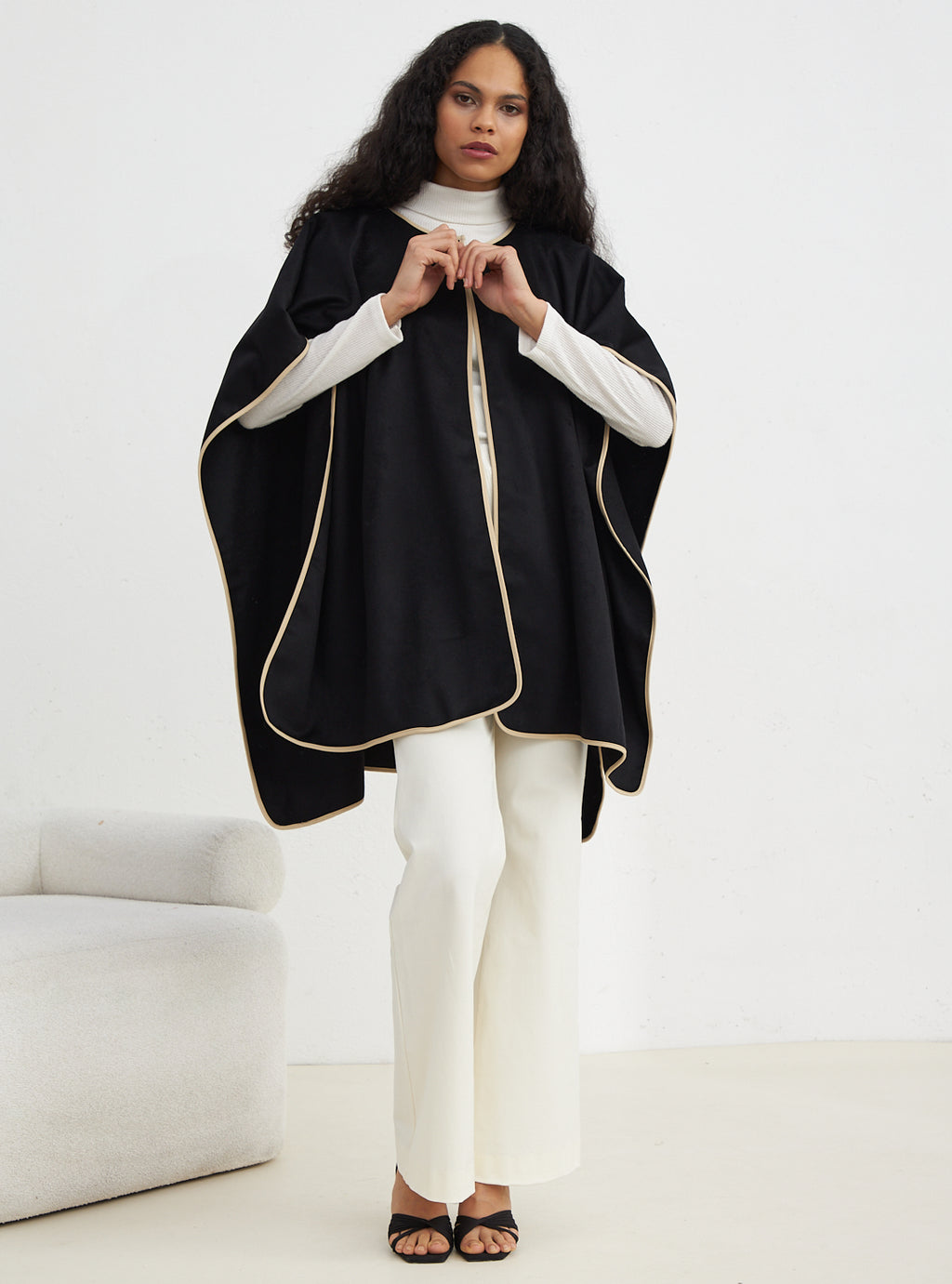 Contrast Binding Black Wool Poncho
