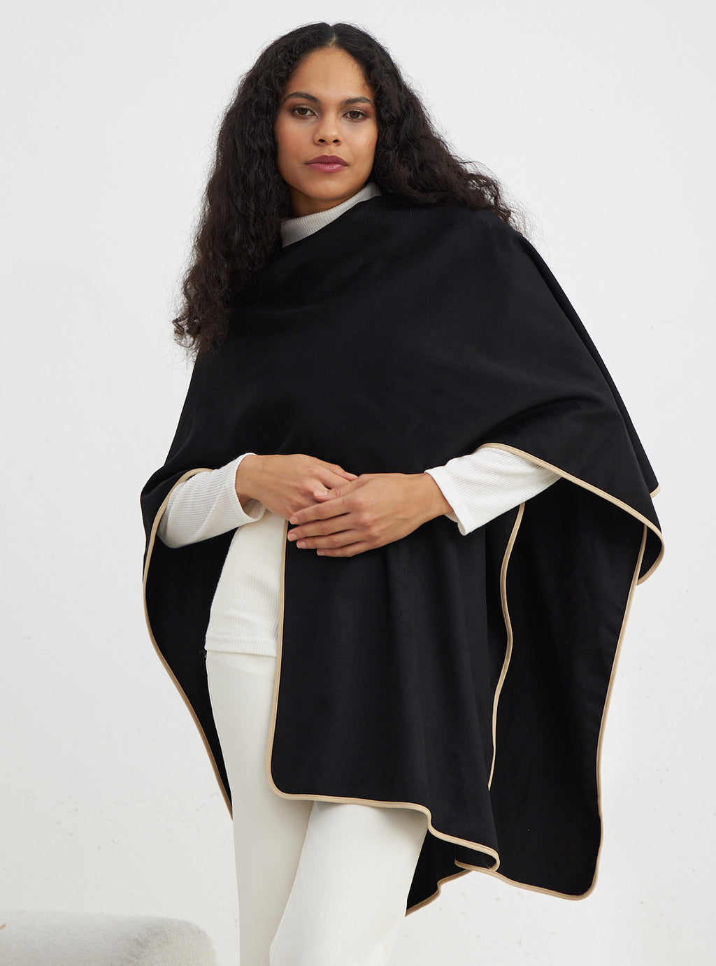 Contrast Binding Black Wool Poncho