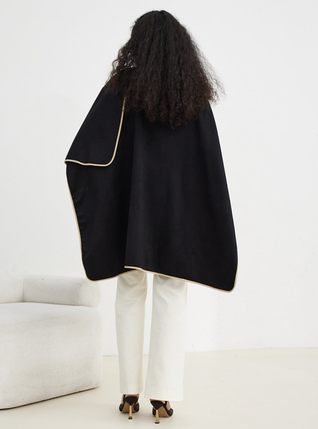 Contrast Binding Black Wool Poncho