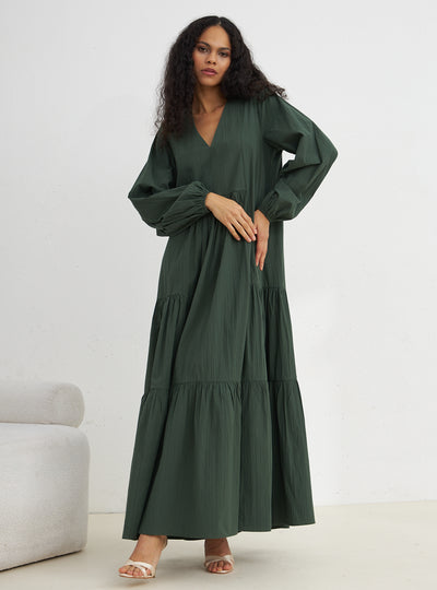 Green Cotton V Neck Maxi Dress