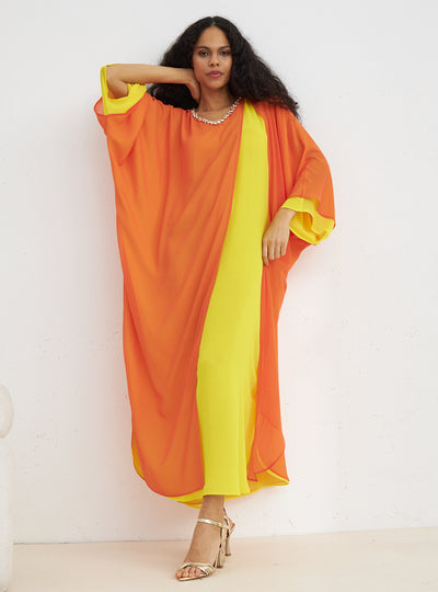 Crystal Embellished Orange Yellow Kaftan Dress