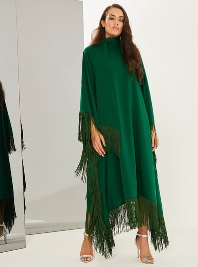 Emerald Green Fringed Kaftan Dress With Tie Neck Detailed