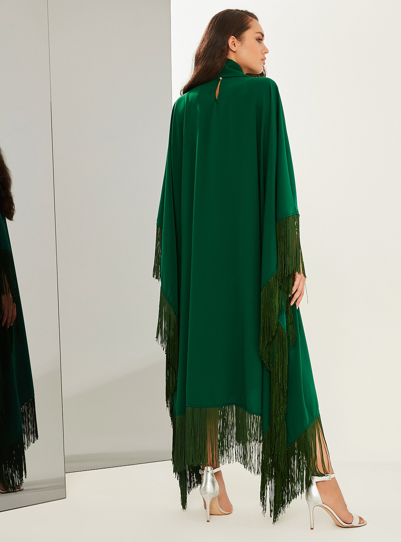 Emerald Green Fringed Kaftan Dress With Tie Neck Detailed