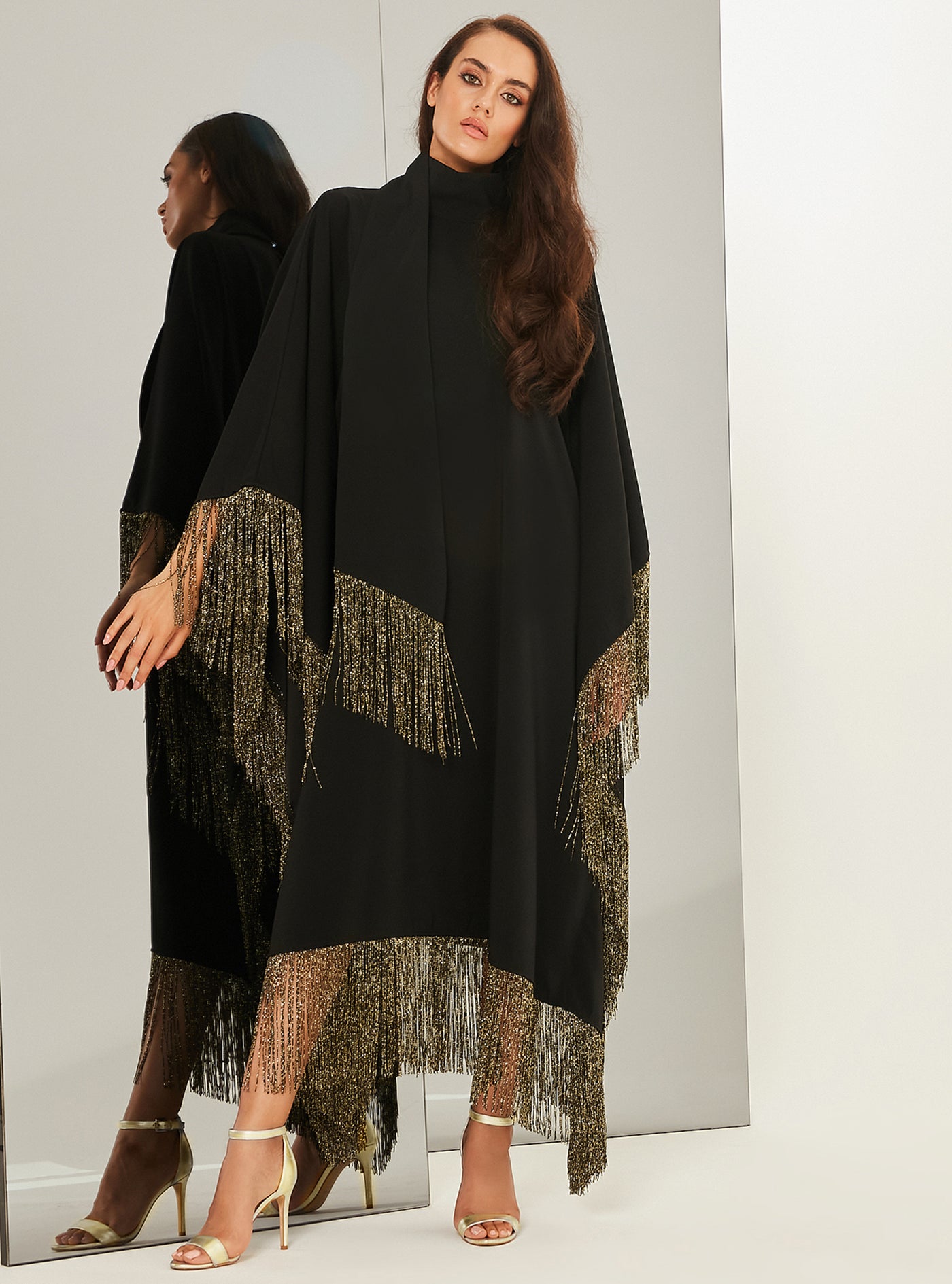 Gold Fringed Kaftan Dress With Tie Neck Detailed