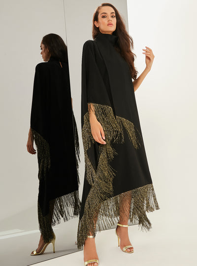 Gold Fringed Kaftan Dress With Tie Neck Detailed