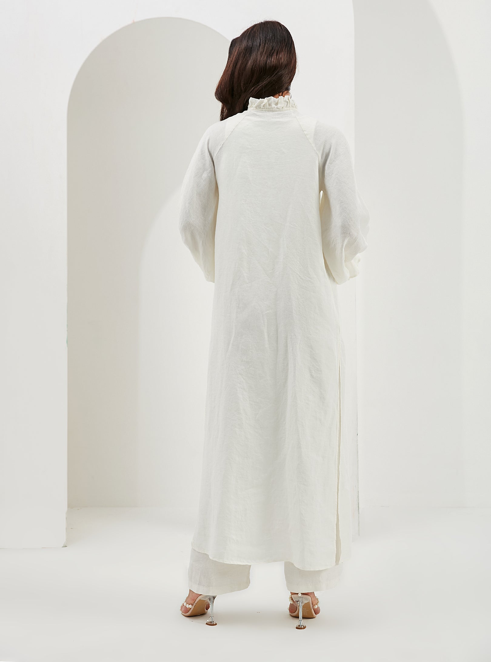 100% Washed Linen Off-White Balloon Sleeve Kimono Trousers Set - Store WF