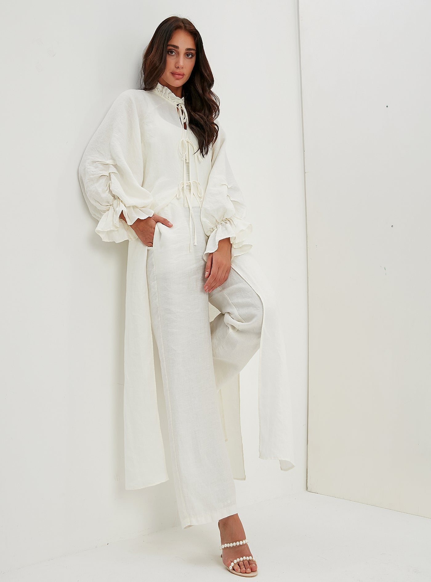 100% Linen Off-White Balloon Sleeve Kimono Trousers Set