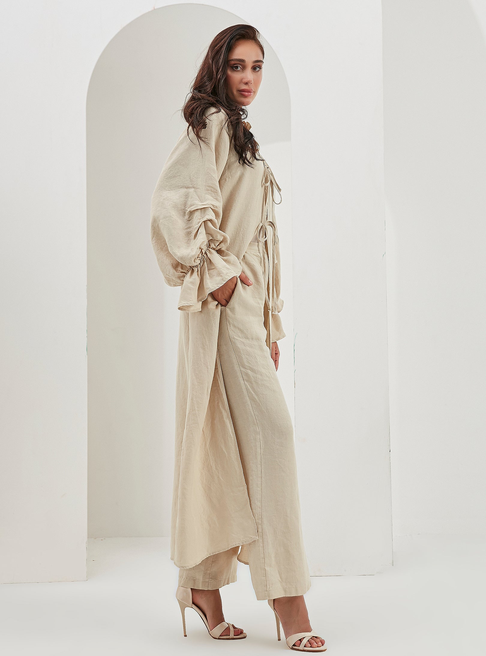 100% Washed Linen Beige Balloon Sleeve Kimono Trousers Set - Store WF
