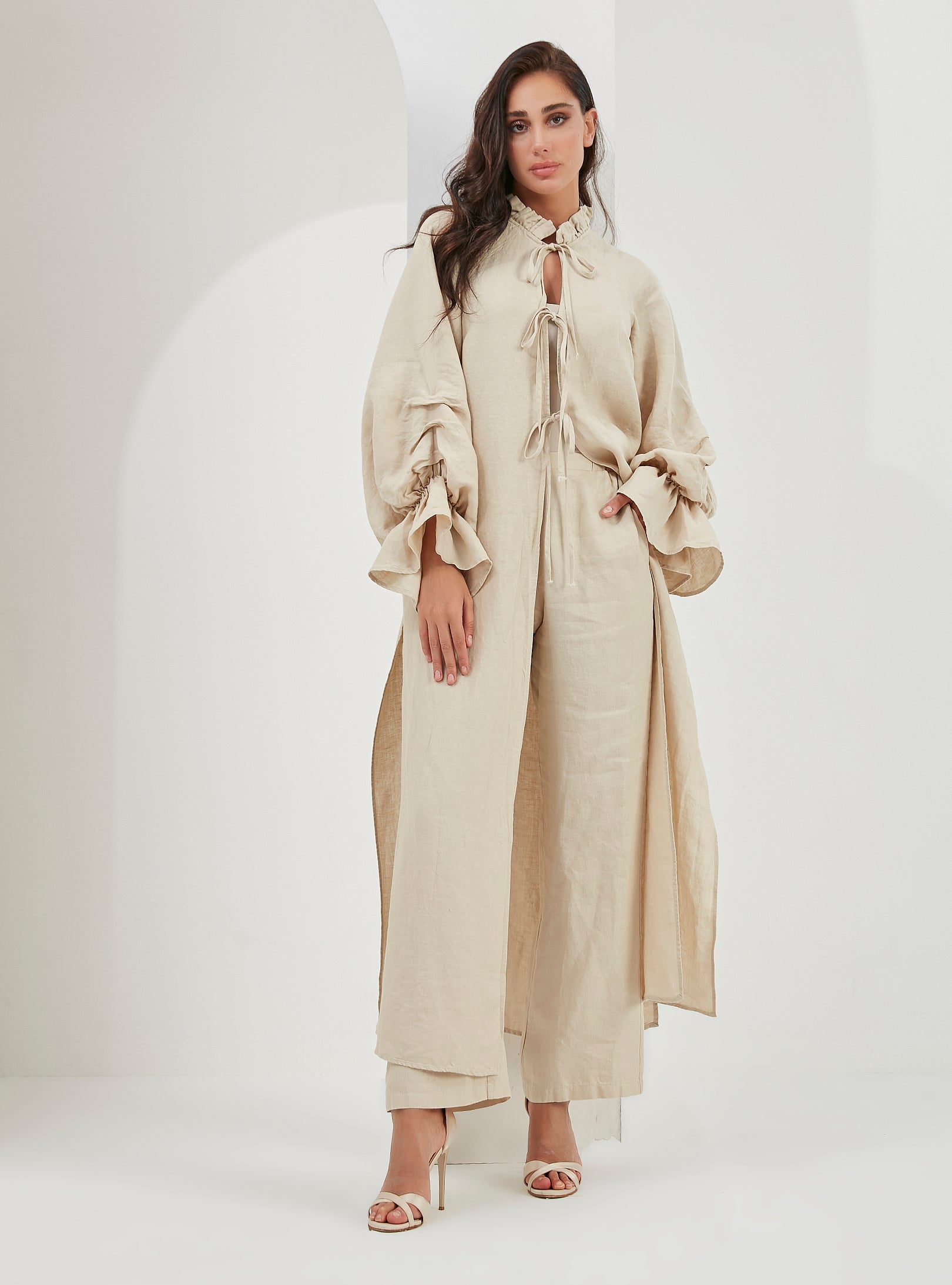 100% Washed Linen Beige Balloon Sleeve Kimono Trousers Set - Store WF