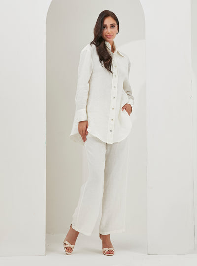 100% Linen White 2 Piece Shirt And Trouser Set