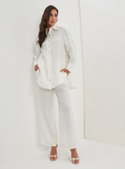 100% Linen White 2 Pieces Shirt And Trouser Set