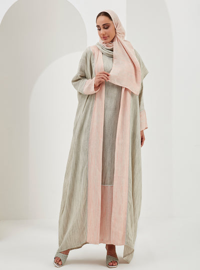 Linen Cotton Silver Glitter Three Pice Abaya Set