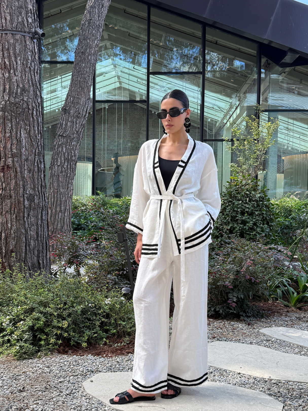 100% Washed Linen White Kimono & Trouser Set