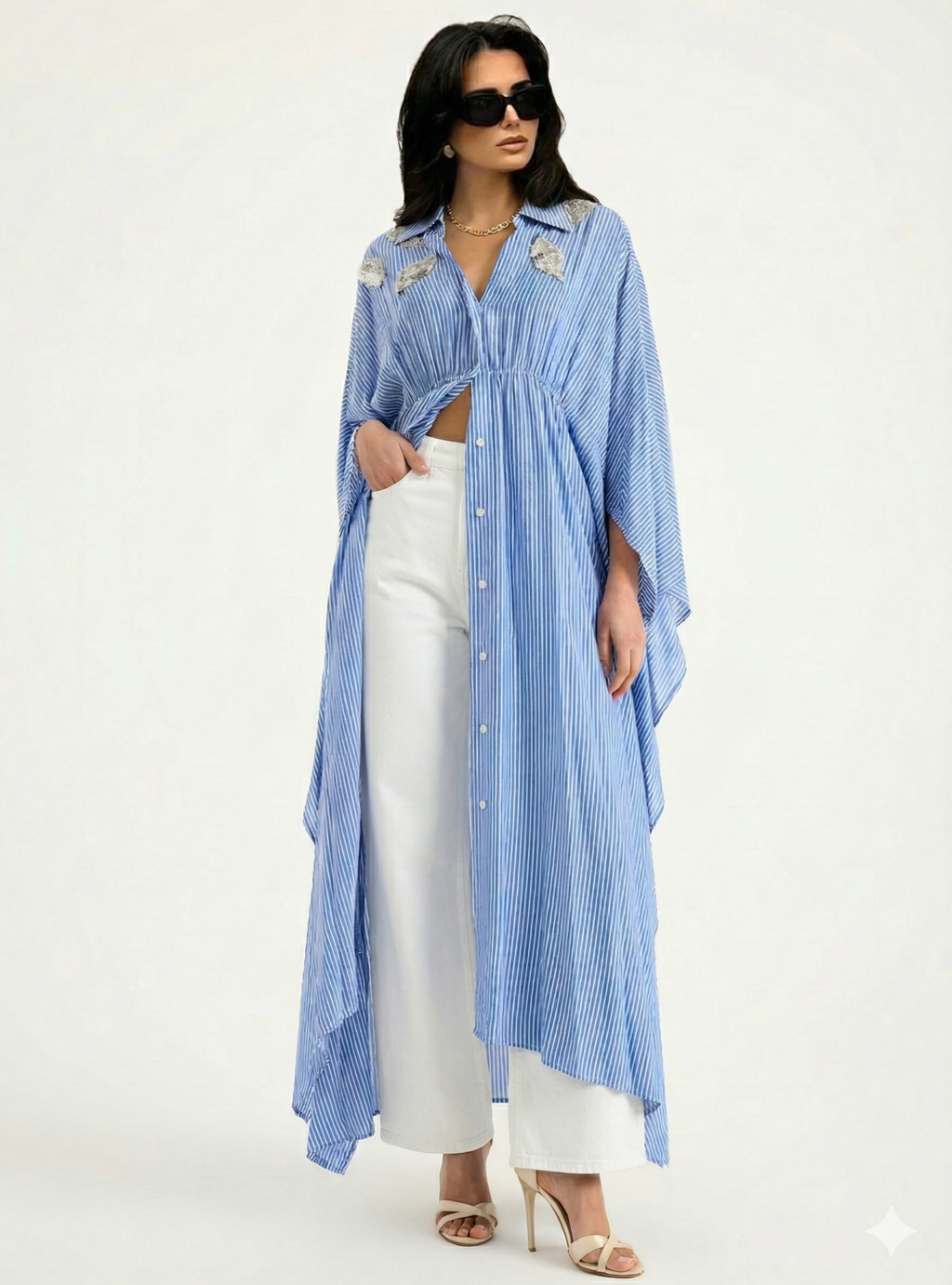 Striped Silver Embellishment Kaftan Dress - Store WF
