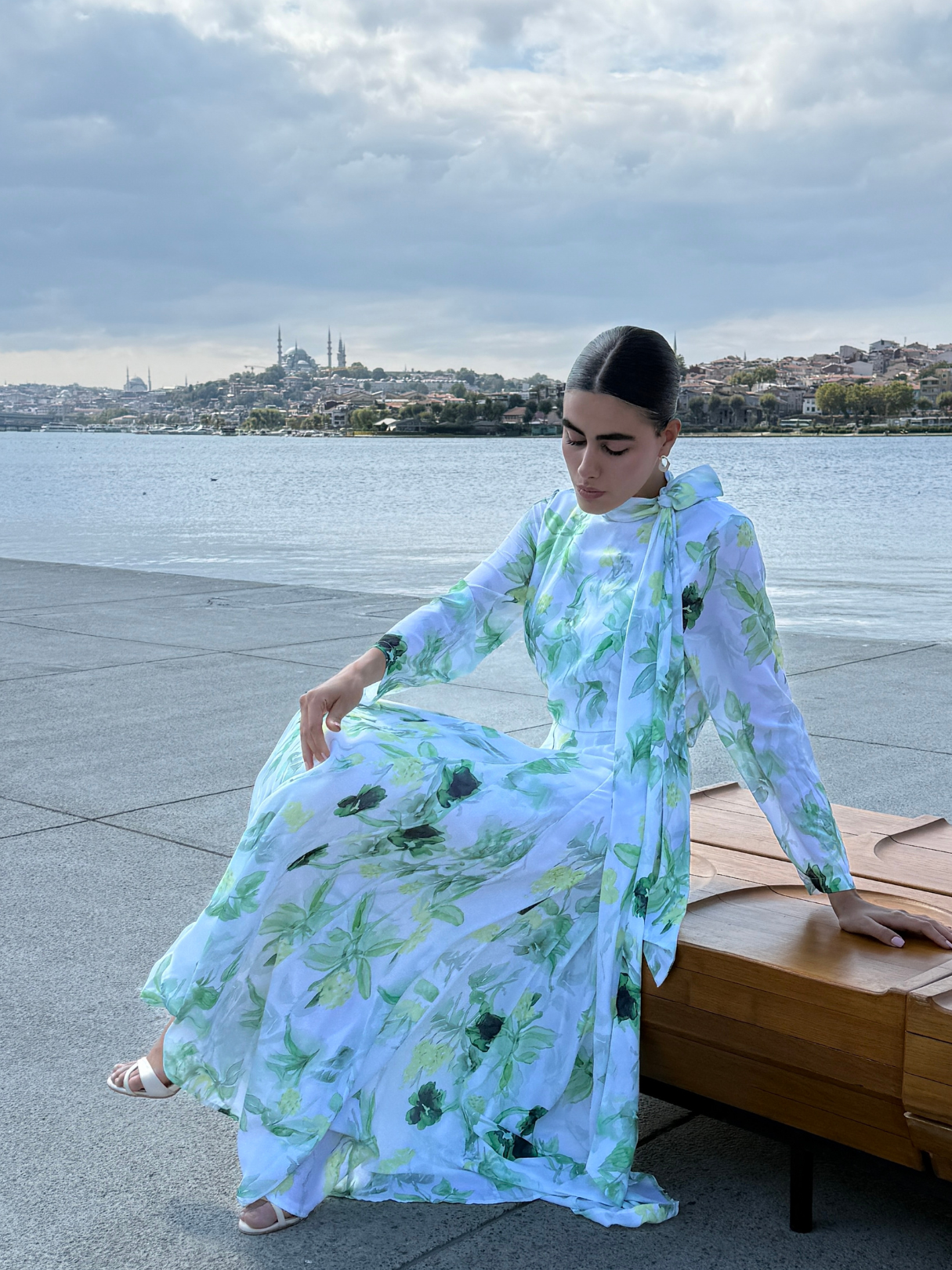 Green Watercolor Bloom Chiffon Maxi Dress