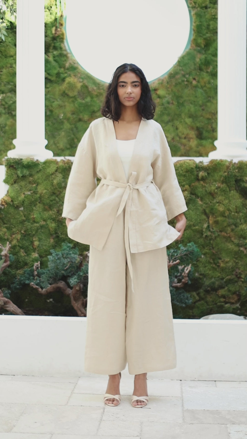 100% Washed Linen Kimono & Trouser Set Green