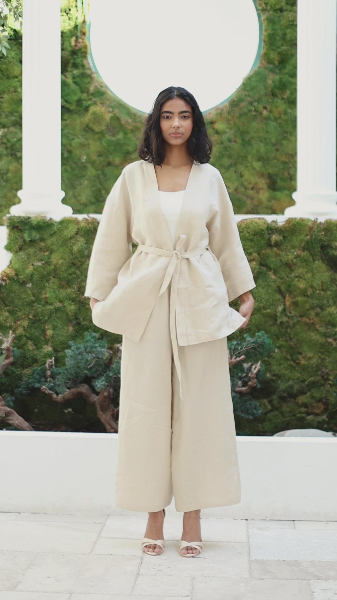 100% Washed Linen Kimono & Trouser Set Green