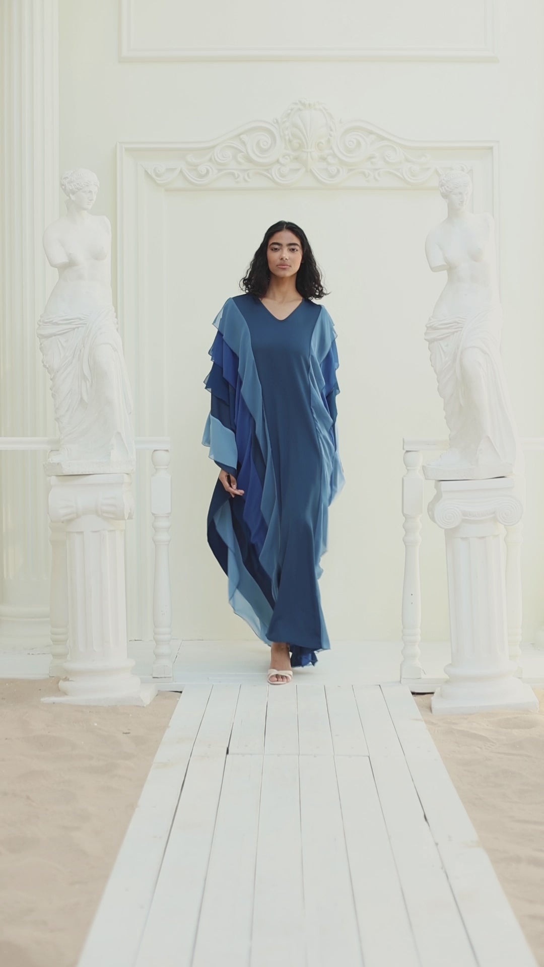 Navy Blue Multi Colour Ruffled V Neck Kaftan Dress