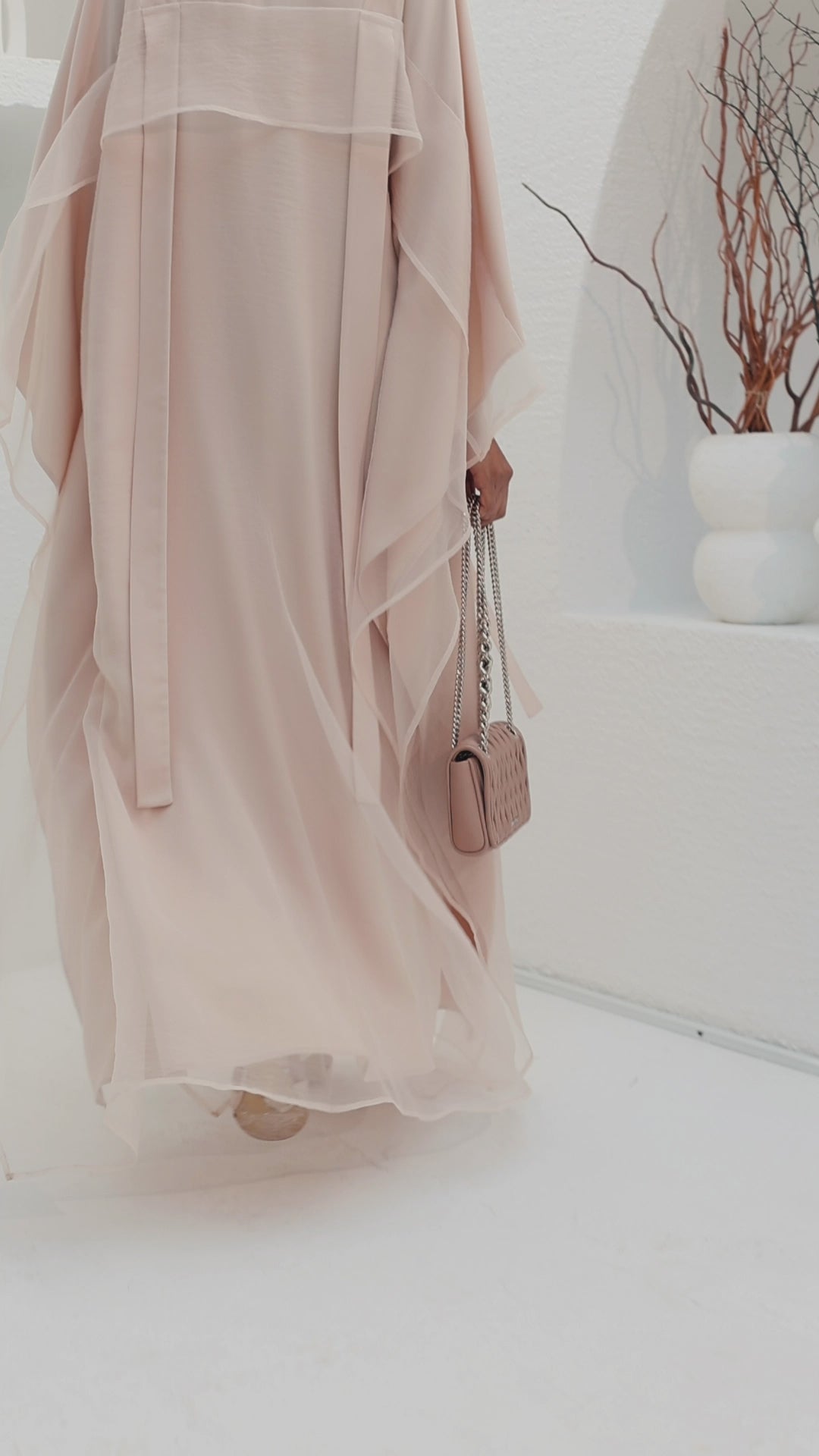 Beige Organza Double Layer Kaftan Dress