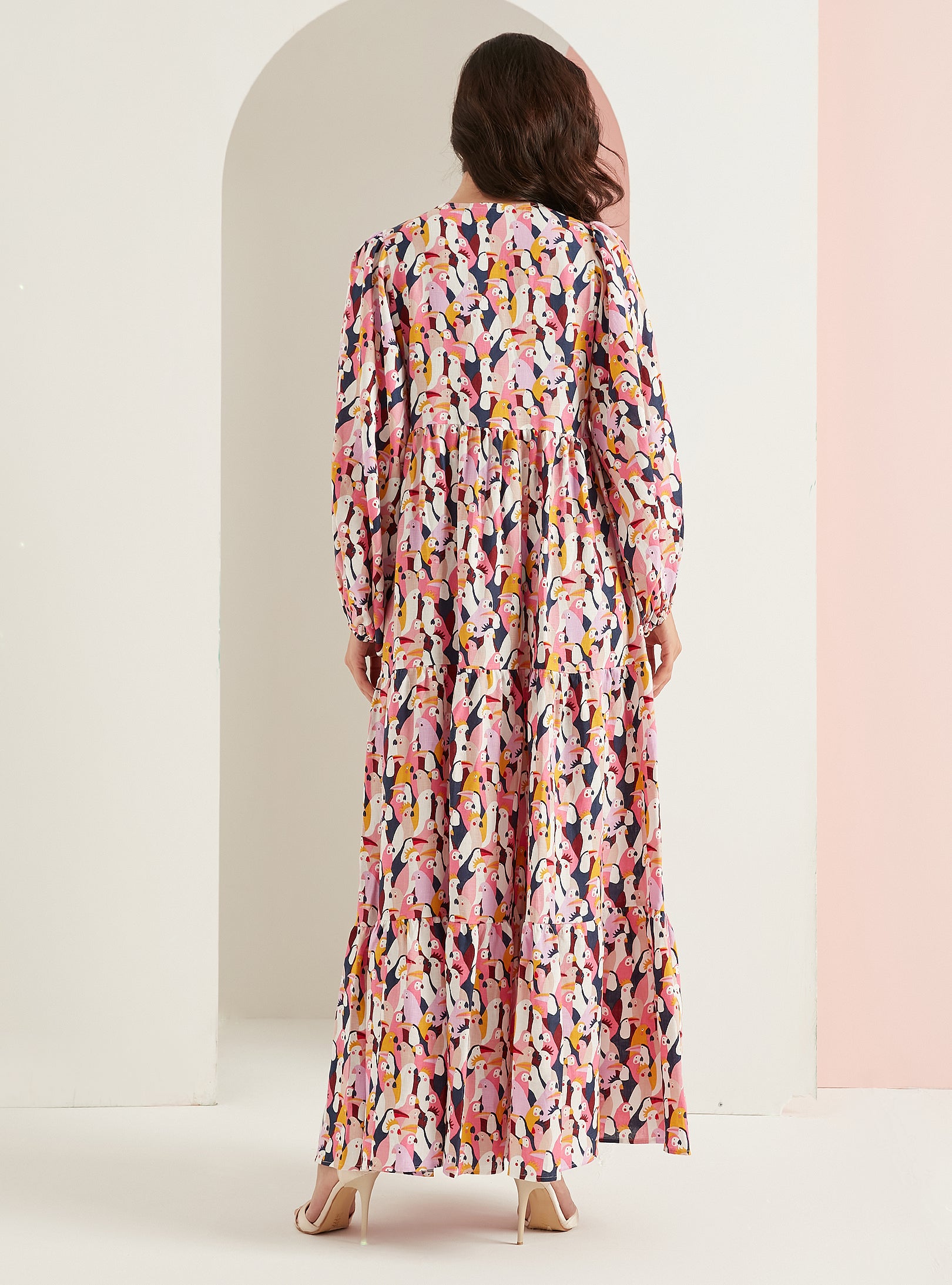 Parrot Print Linen V-Neck Maxi Dress - WF Atelier - Store WF