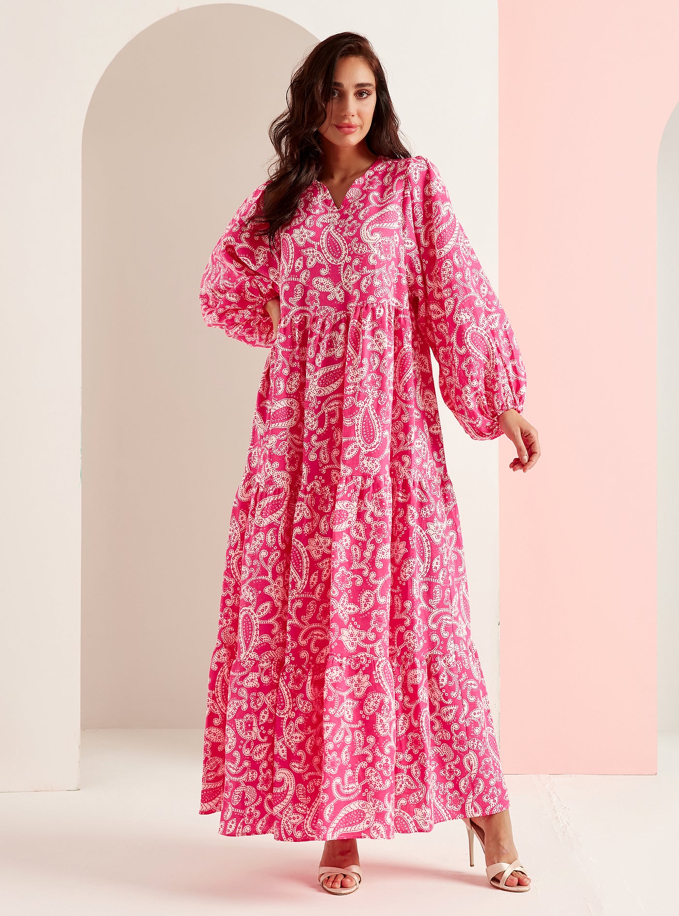100% Linen Pink Print V Neck Dress