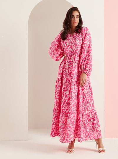 100% Linen Pink Print V Neck Dress