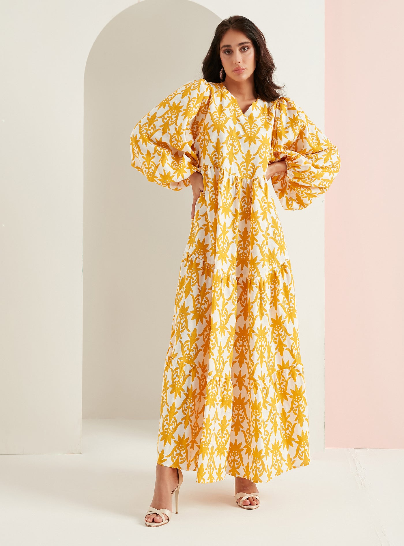 100% Linen Yellow Print V Neck Dress
